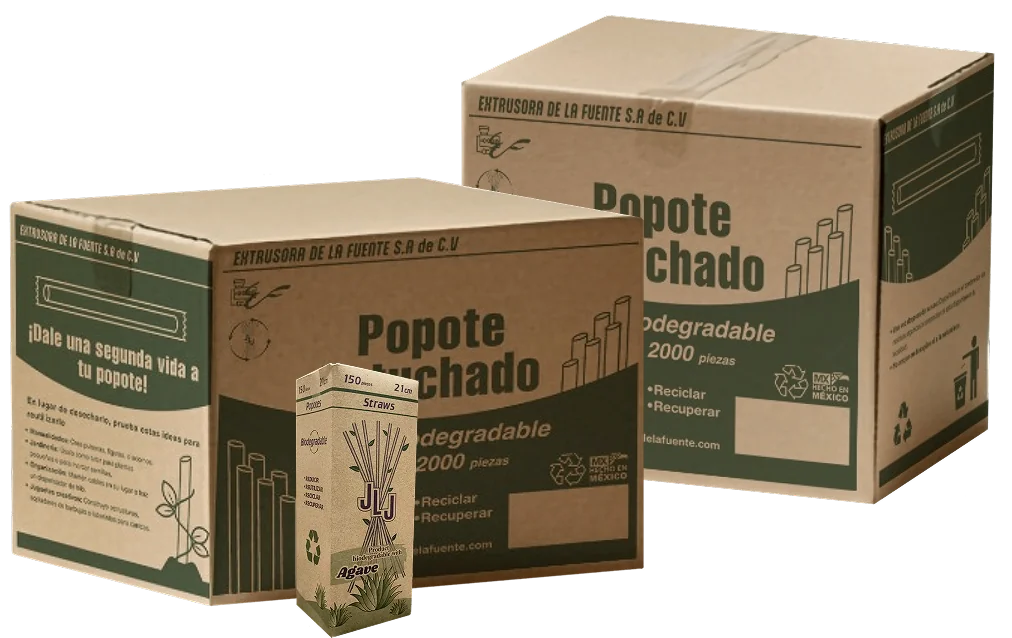 Caja master junto a la caja display de popote estuchado.