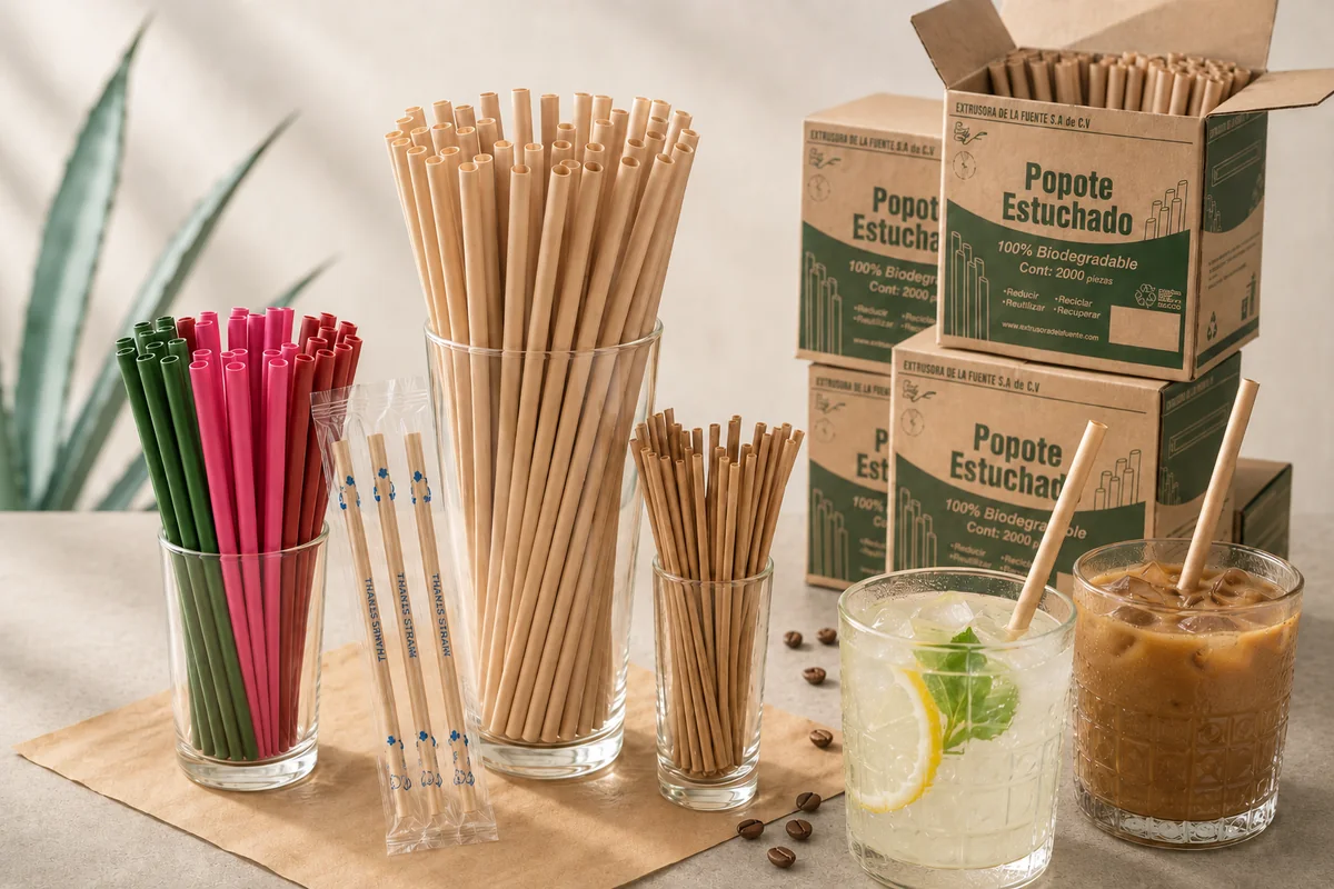 Popotes biodegradables, de colores y agitadores en vasos, junto a cajas de popote estuchado y dos bebidas servidas.