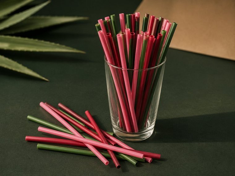 Popotes tradicionales de colores en un vaso de vidrio.